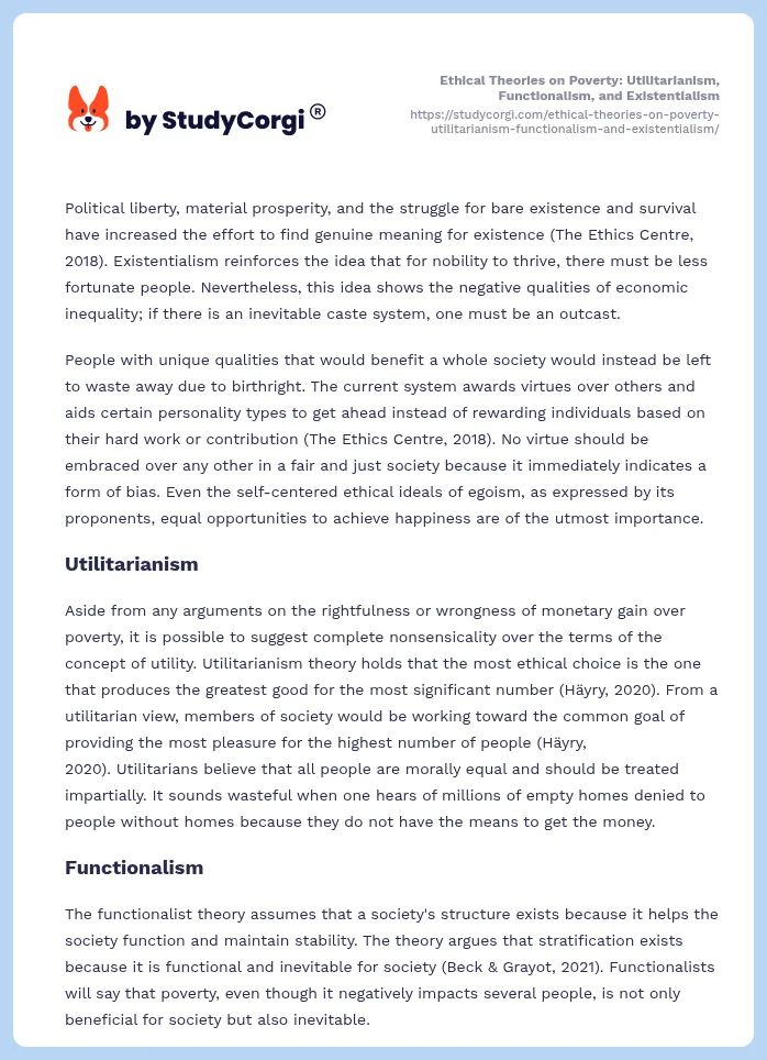 Ethical Theories on Poverty: Utilitarianism, Functionalism, and Existentialism. Page 2