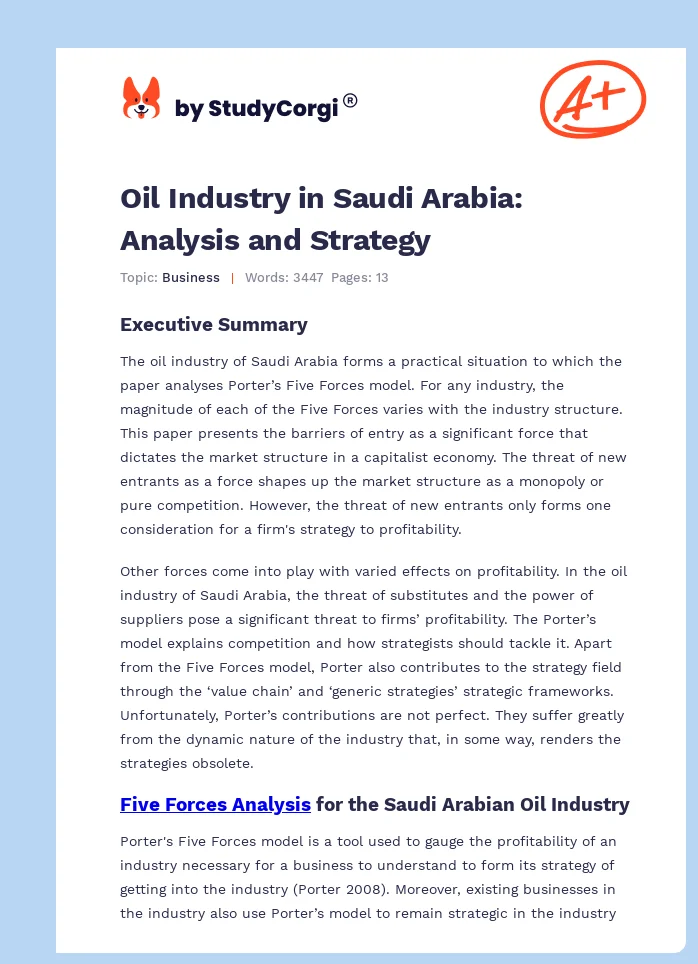 Oil Industry in Saudi Arabia: Analysis and Strategy. Page 1