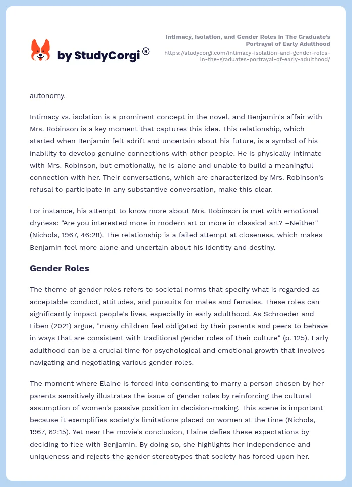 Intimacy, Isolation, and Gender Roles in The Graduate’s Portrayal of Early Adulthood. Page 2