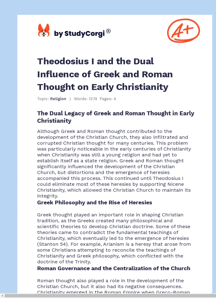 Theodosius I and the Dual Influence of Greek and Roman Thought on Early Christianity. Page 1
