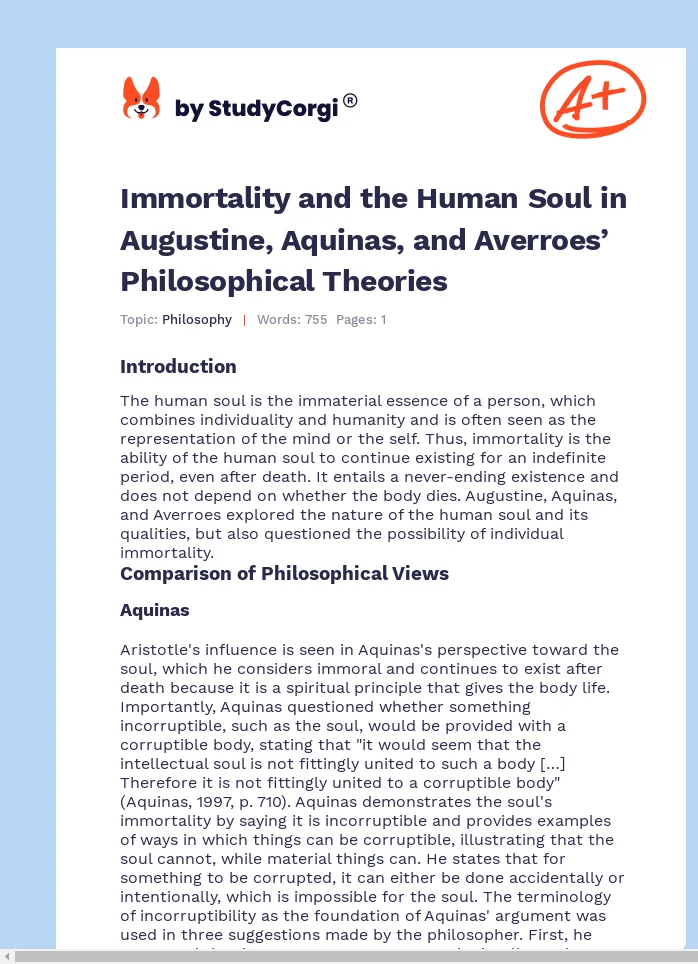 Immortality and the Human Soul in Augustine, Aquinas, and Averroes’ Philosophical Theories. Page 1