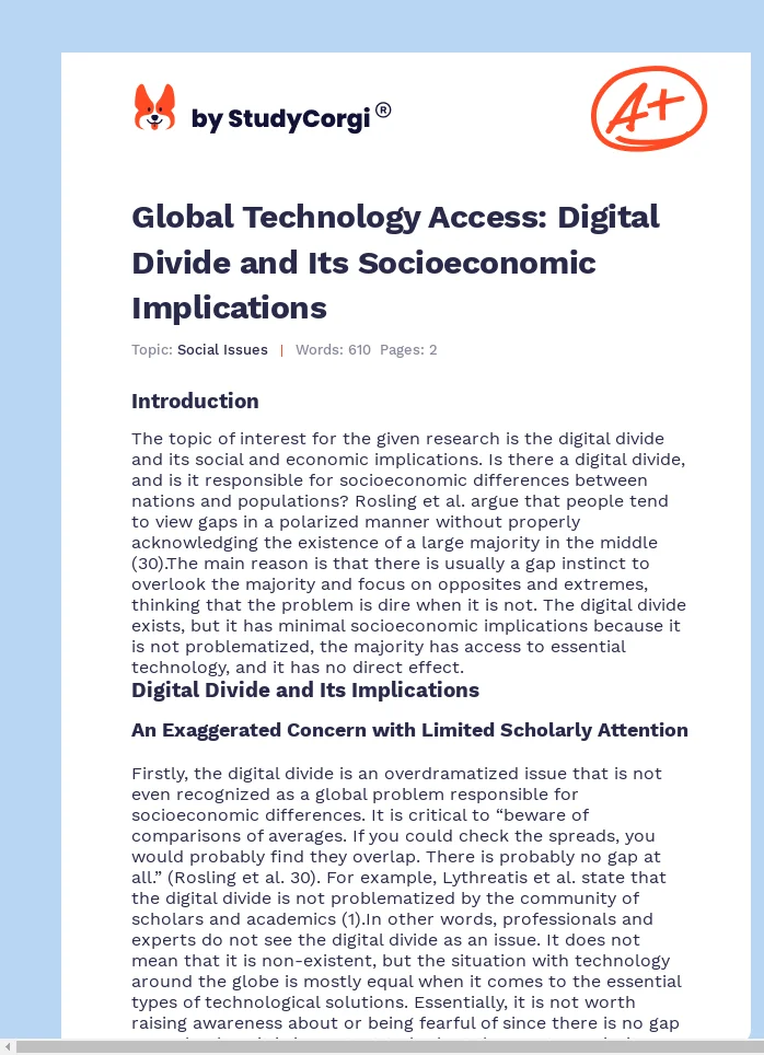 Global Technology Access: Digital Divide and Its Socioeconomic Implications. Page 1