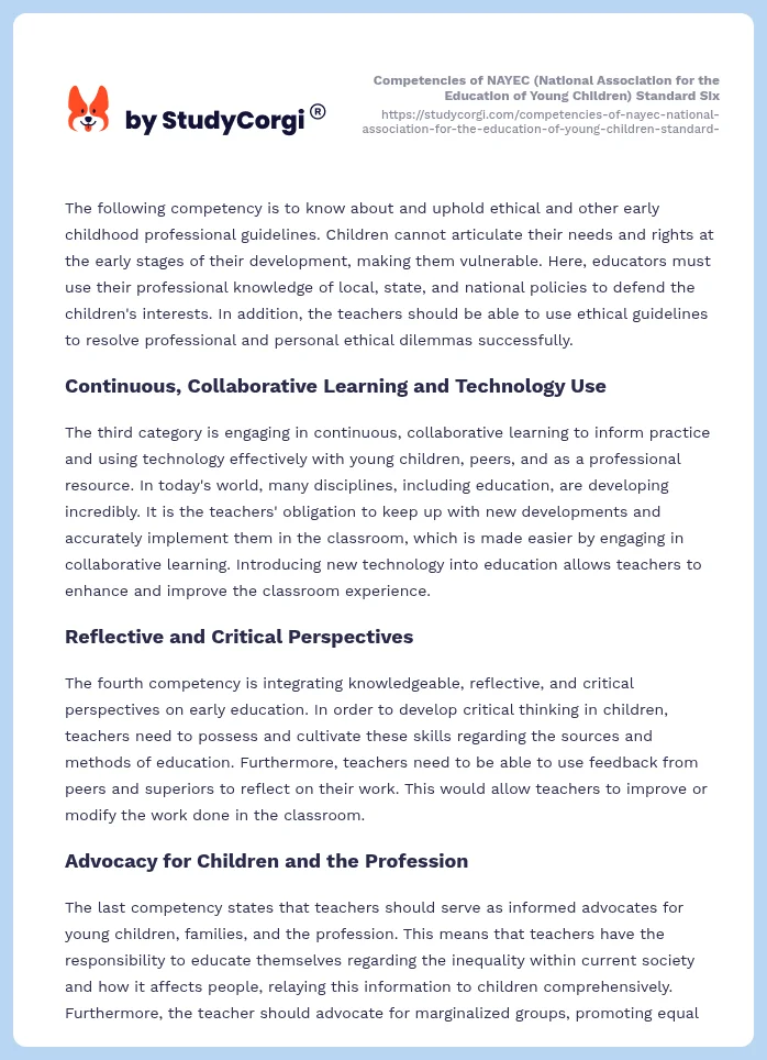 Competencies of NAYEC (National Association for the Education of Young Children) Standard Six. Page 2