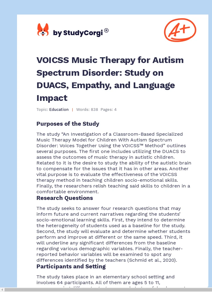 VOICSS Music Therapy for Autism Spectrum Disorder: Study on DUACS, Empathy, and Language Impact. Page 1