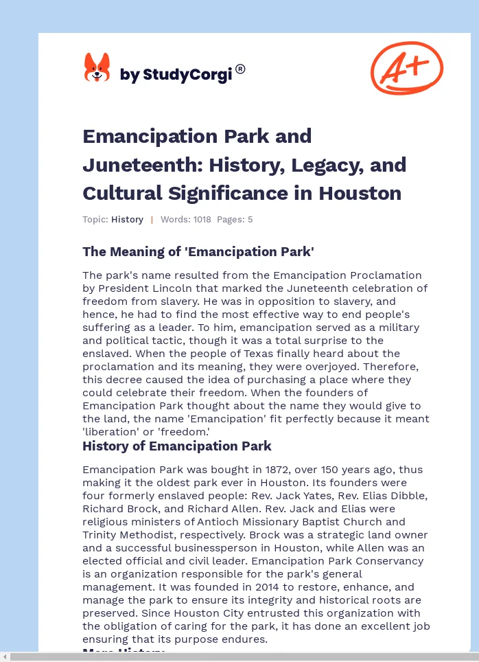 Emancipation Park and Juneteenth: History, Legacy, and Cultural Significance in Houston. Page 1