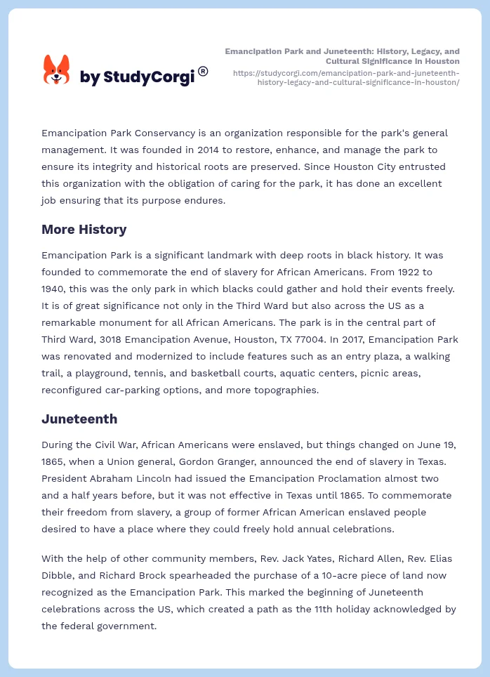 Emancipation Park and Juneteenth: History, Legacy, and Cultural Significance in Houston. Page 2