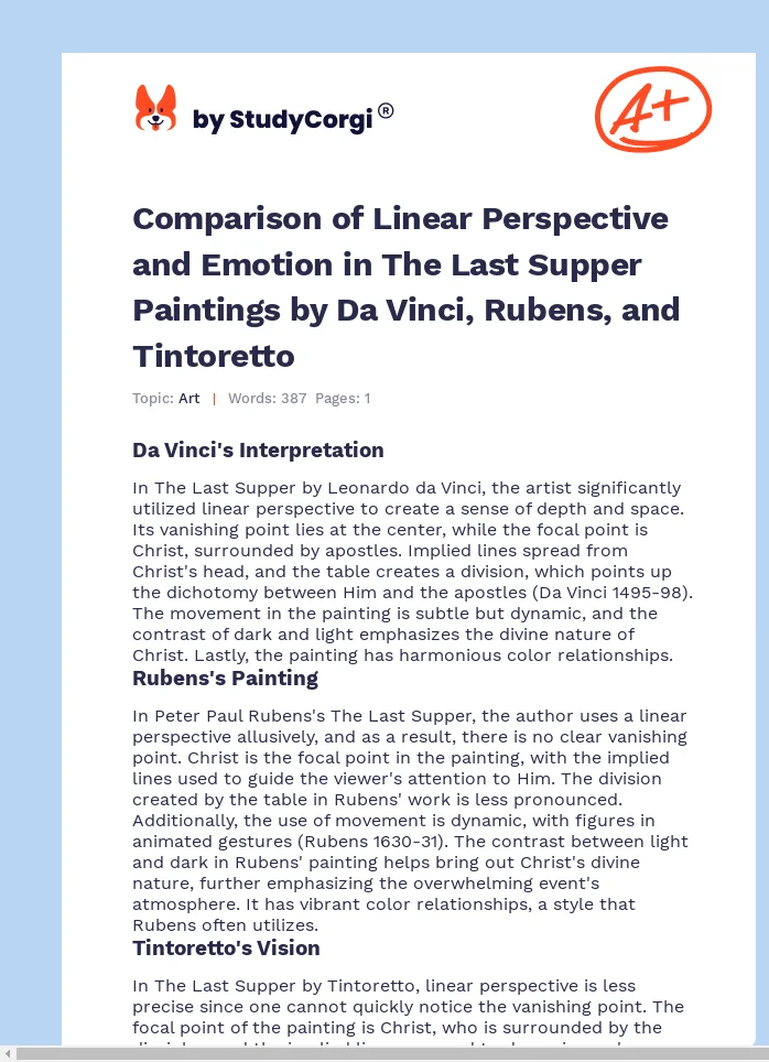 Comparison of Linear Perspective and Emotion in The Last Supper Paintings by Da Vinci, Rubens, and Tintoretto. Page 1