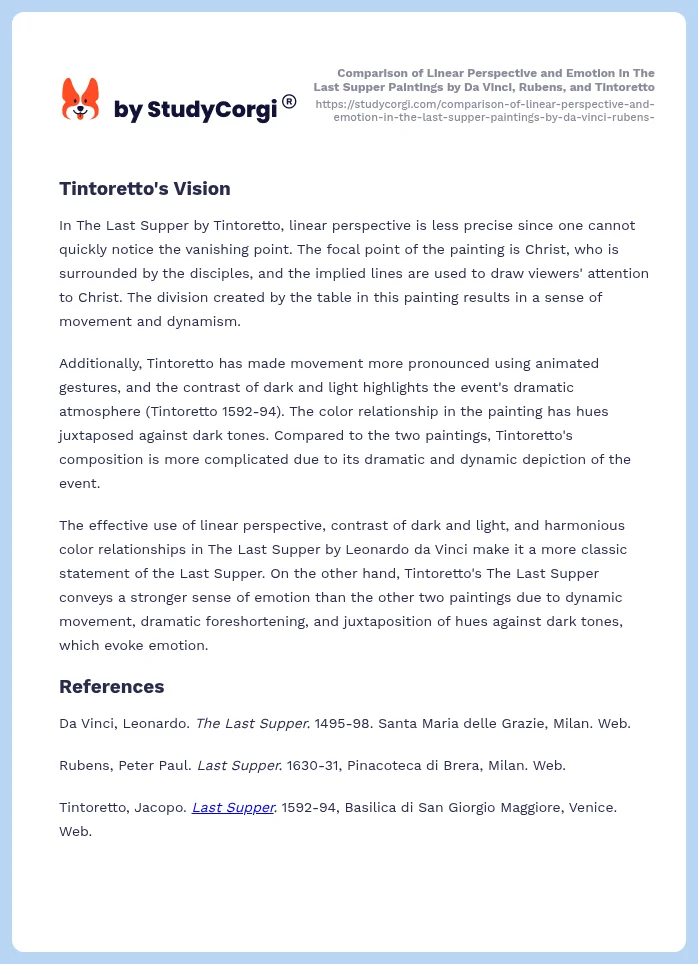 Comparison of Linear Perspective and Emotion in The Last Supper Paintings by Da Vinci, Rubens, and Tintoretto. Page 2