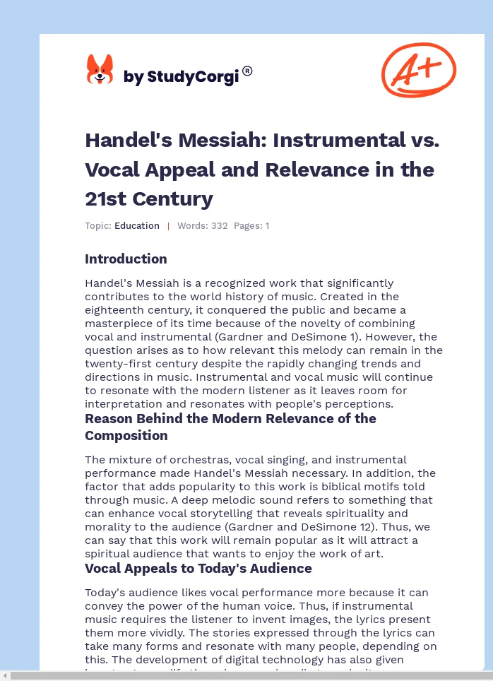 Handel's Messiah: Instrumental vs. Vocal Appeal and Relevance in the 21st Century. Page 1