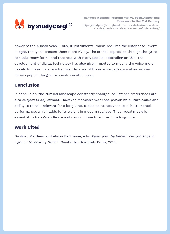 Handel's Messiah: Instrumental vs. Vocal Appeal and Relevance in the 21st Century. Page 2