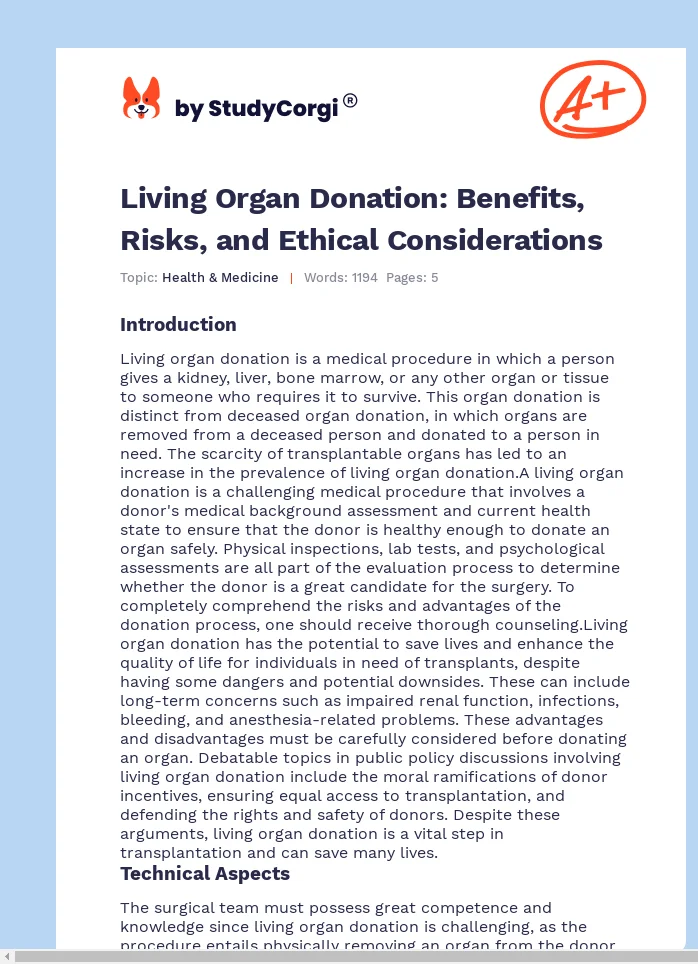 Living Organ Donation: Benefits, Risks, and Ethical Considerations. Page 1