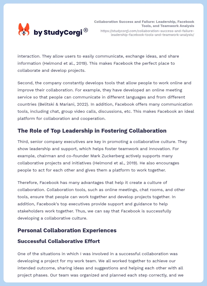 Collaboration Success and Failure: Leadership, Facebook Tools, and Teamwork Analysis. Page 2