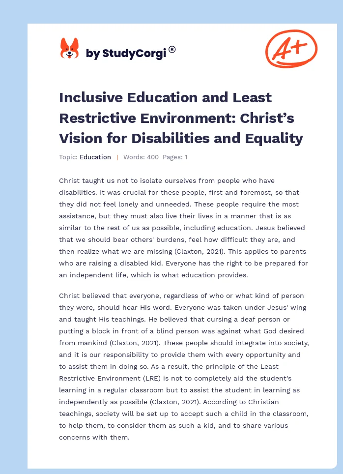Inclusive Education and Least Restrictive Environment: Christ’s Vision for Disabilities and Equality. Page 1
