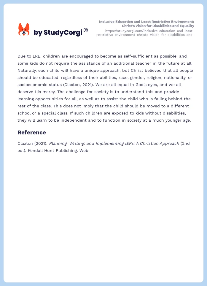 Inclusive Education and Least Restrictive Environment: Christ’s Vision for Disabilities and Equality. Page 2