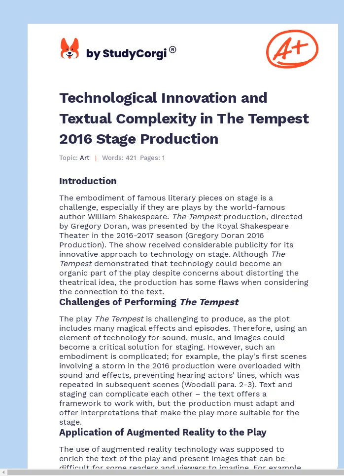 Technological Innovation and Textual Complexity in The Tempest 2016 Stage Production. Page 1