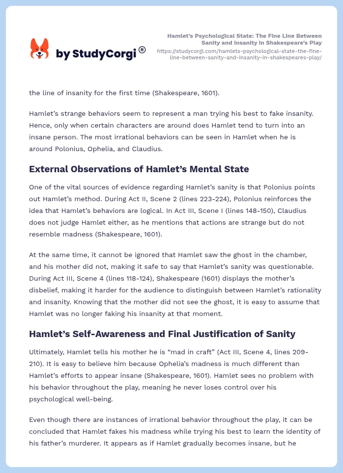 Hamlet’s Psychological State: The Fine Line Between Sanity and Insanity in Shakespeare’s Play. Page 2