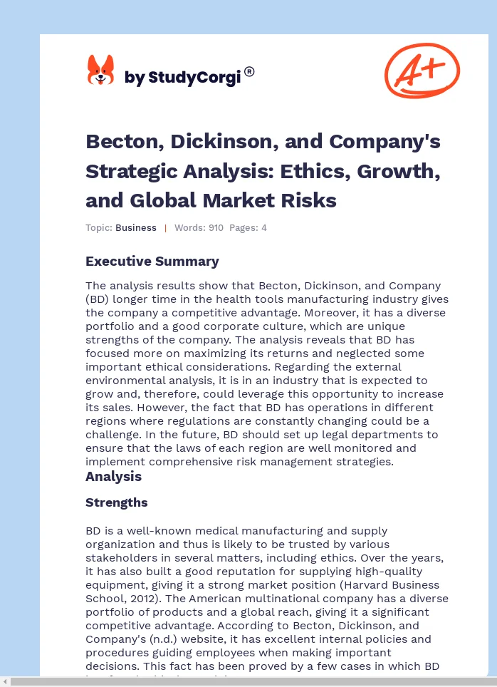 Becton, Dickinson, and Company's Strategic Analysis: Ethics, Growth, and Global Market Risks. Page 1
