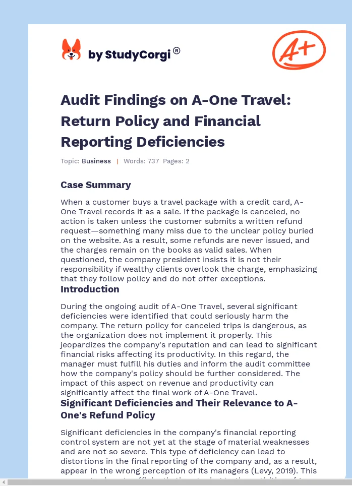 Audit Findings on A-One Travel: Return Policy and Financial Reporting Deficiencies. Page 1