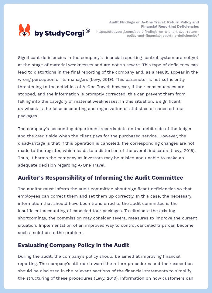 Audit Findings on A-One Travel: Return Policy and Financial Reporting Deficiencies. Page 2