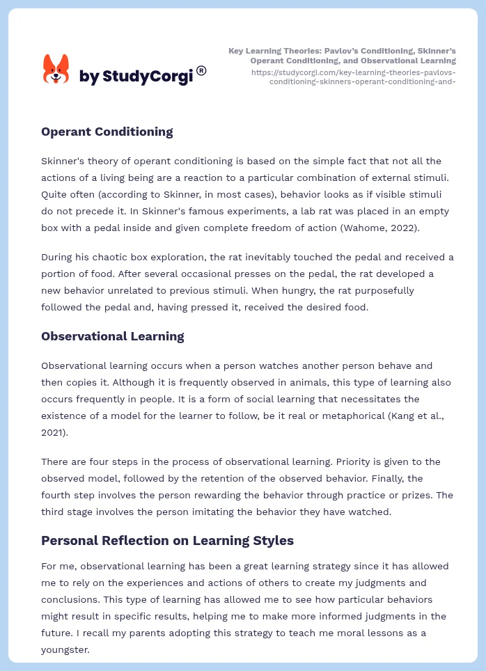 Key Learning Theories: Pavlov’s Conditioning, Skinner’s Operant Conditioning, and Observational Learning. Page 2