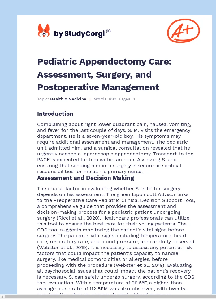 Pediatric Appendectomy Care: Assessment, Surgery, and Postoperative Management. Page 1