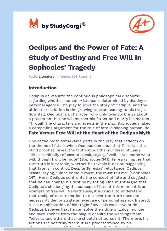 Oedipus and the Power of Fate: A Study of Destiny and Free Will in Sophocles’ Tragedy. Page 1