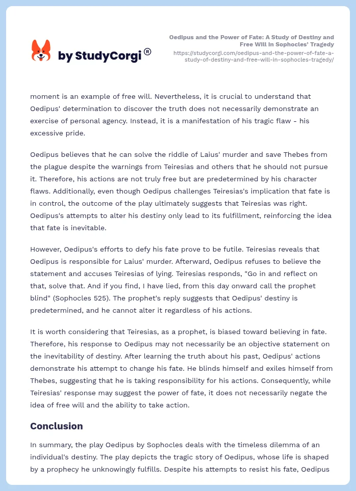 Oedipus and the Power of Fate: A Study of Destiny and Free Will in Sophocles’ Tragedy. Page 2