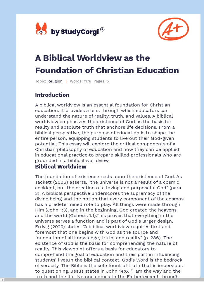 A Biblical Worldview as the Foundation of Christian Education. Page 1