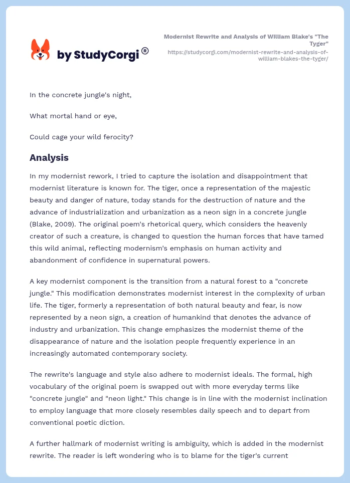 Modernist Rewrite and Analysis of William Blake's "The Tyger". Page 2