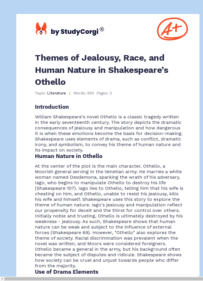Themes of Jealousy, Race, and Human Nature in Shakespeare’s Othello. Page 1