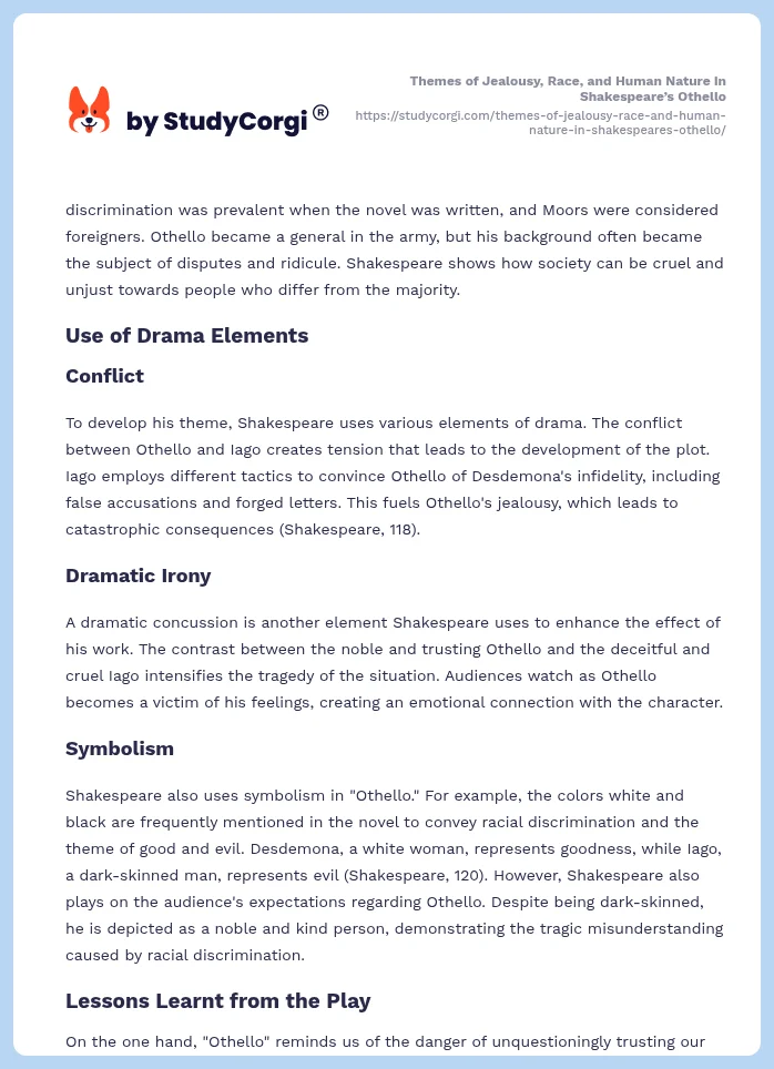 Themes of Jealousy, Race, and Human Nature in Shakespeare’s Othello. Page 2