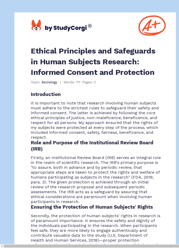 Ethical Principles and Safeguards in Human Subjects Research: Informed Consent and Protection. Page 1