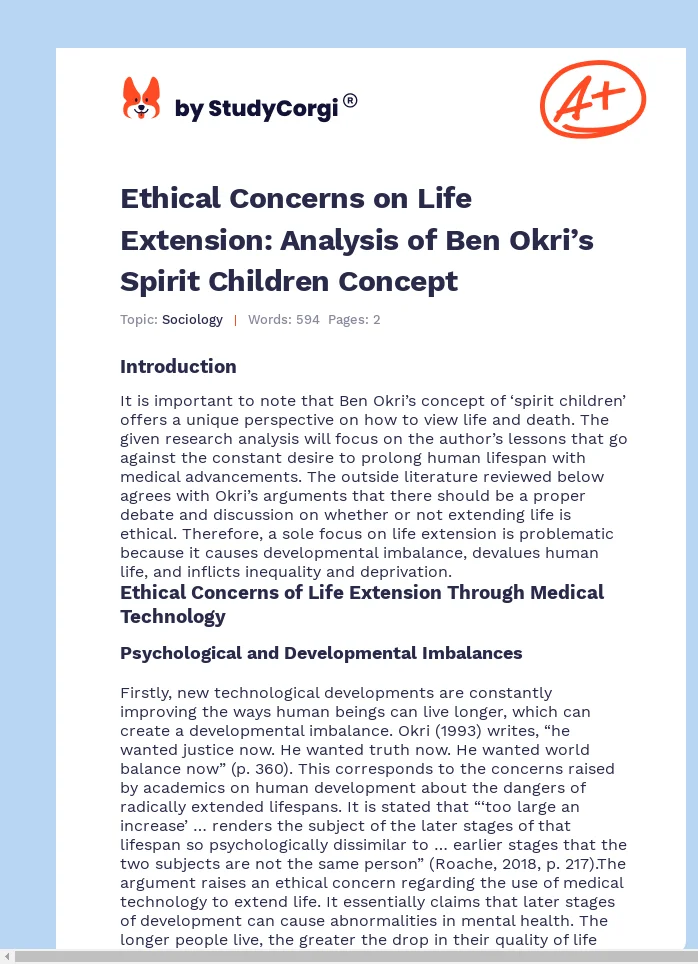 Ethical Concerns on Life Extension: Analysis of Ben Okri’s Spirit Children Concept. Page 1