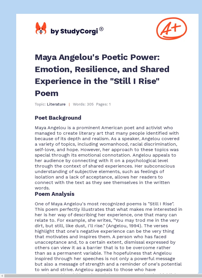 Maya Angelou's Poetic Power: Emotion, Resilience, and Shared Experience in the "Still I Rise" Poem. Page 1