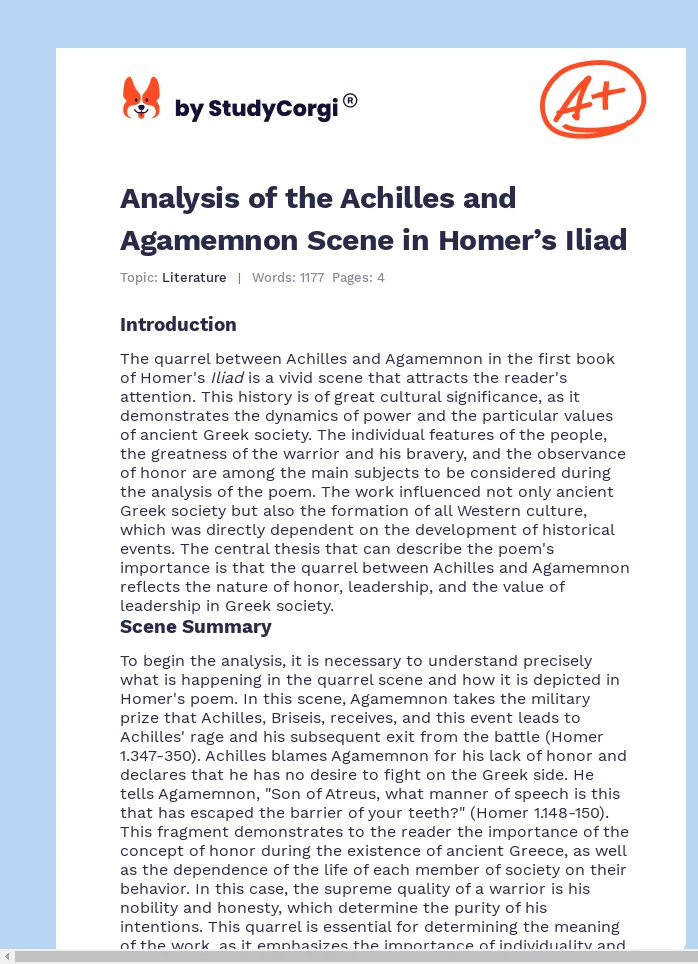 Analysis of the Achilles and Agamemnon Scene in Homer’s Iliad. Page 1