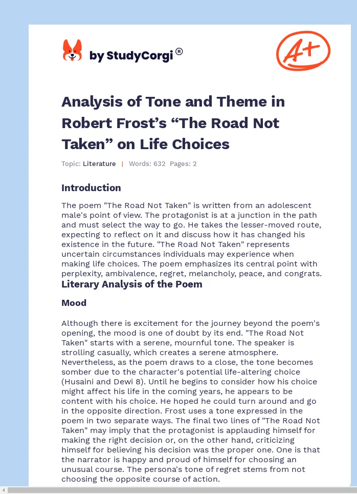 Analysis of Tone and Theme in Robert Frost’s “The Road Not Taken” on Life Choices. Page 1