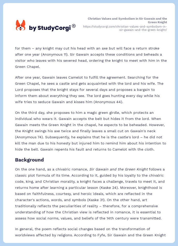 Christian Values and Symbolism in Sir Gawain and the Green Knight. Page 2