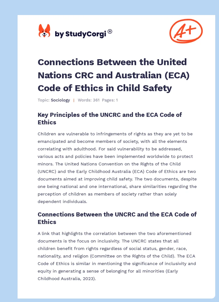 Connections Between the United Nations CRC and Australian (ECA) Code of Ethics in Child Safety. Page 1