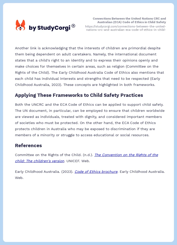 Connections Between the United Nations CRC and Australian (ECA) Code of Ethics in Child Safety. Page 2