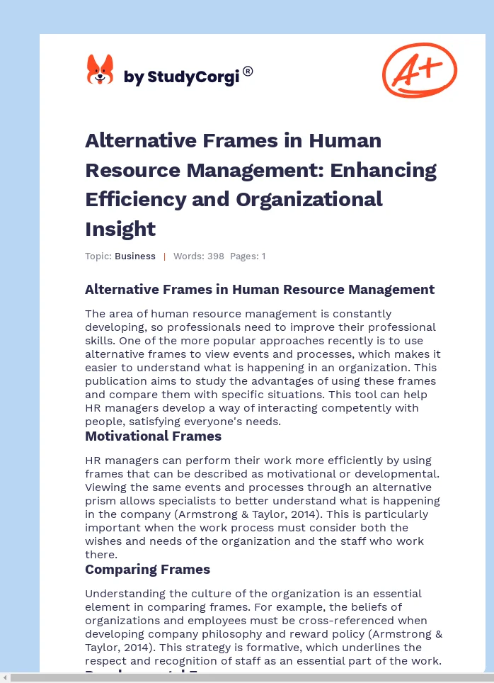 Alternative Frames in Human Resource Management: Enhancing Efficiency and Organizational Insight. Page 1