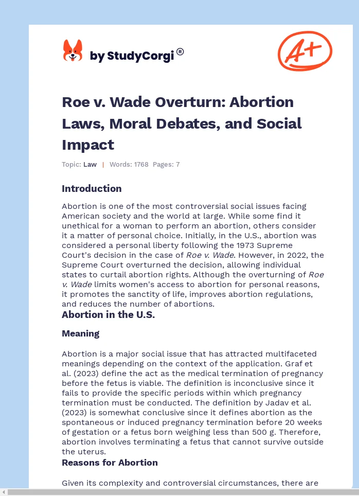 Roe v. Wade Overturn: Abortion Laws, Moral Debates, and Social Impact. Page 1