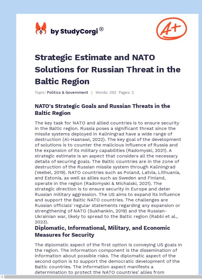 Strategic Estimate and NATO Solutions for Russian Threat in the Baltic Region. Page 1