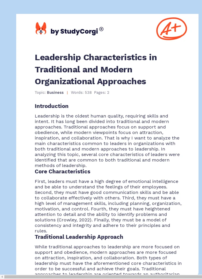 Leadership Characteristics in Traditional and Modern Organizational Approaches. Page 1