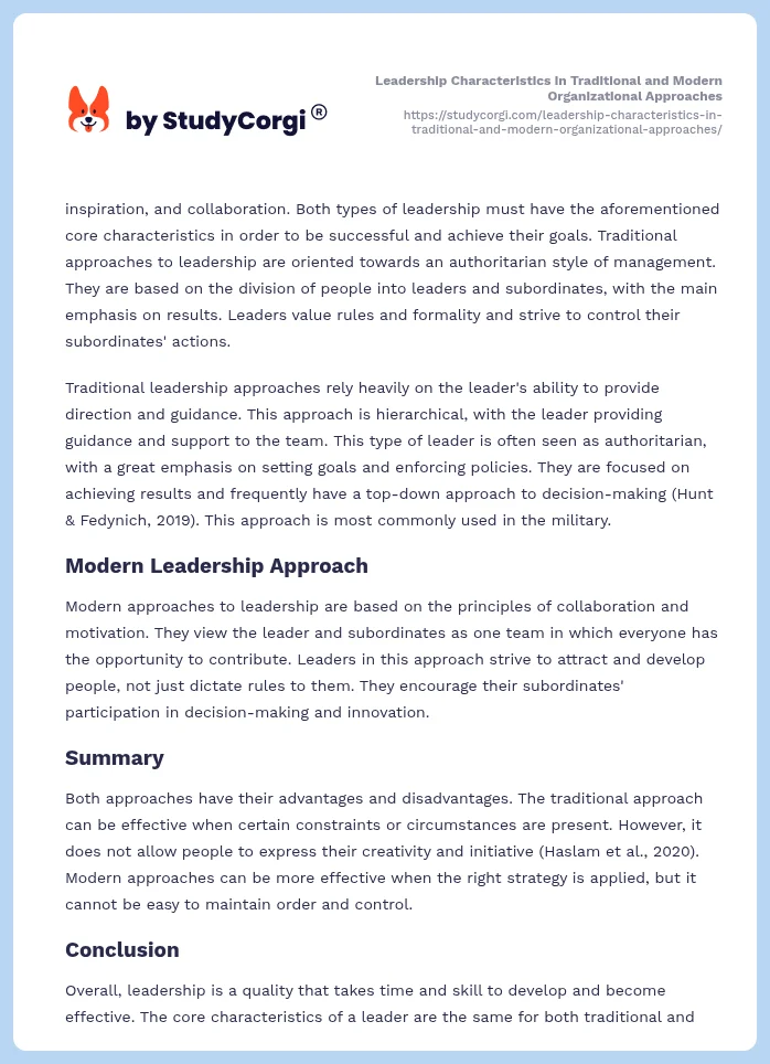 Leadership Characteristics in Traditional and Modern Organizational Approaches. Page 2