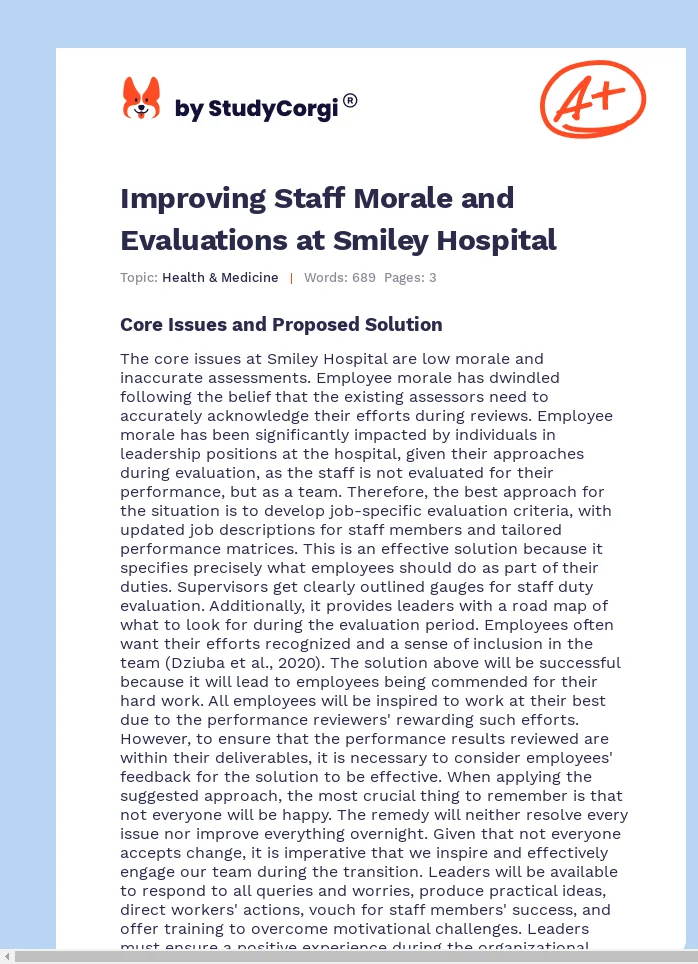 Improving Staff Morale and Evaluations at Smiley Hospital. Page 1