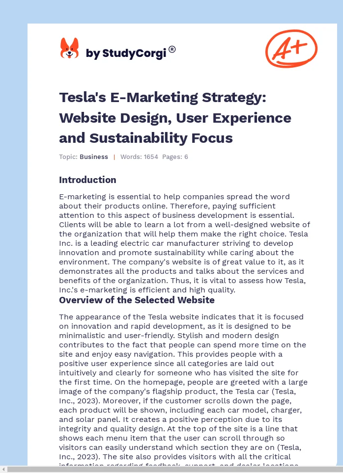 Tesla's E-Marketing Strategy: Website Design, User Experience and Sustainability Focus. Page 1