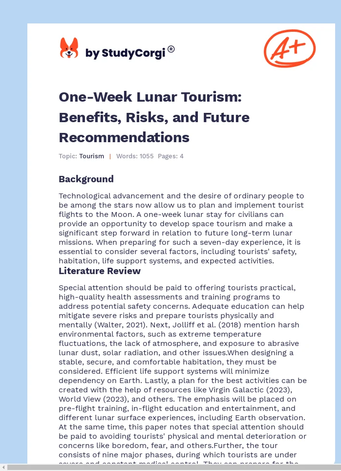One-Week Lunar Tourism: Benefits, Risks, and Future Recommendations. Page 1