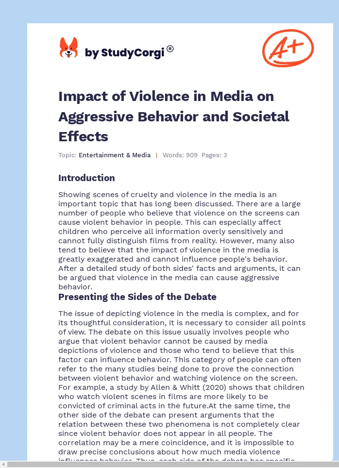 Impact of Violence in Media on Aggressive Behavior and Societal Effects. Page 1