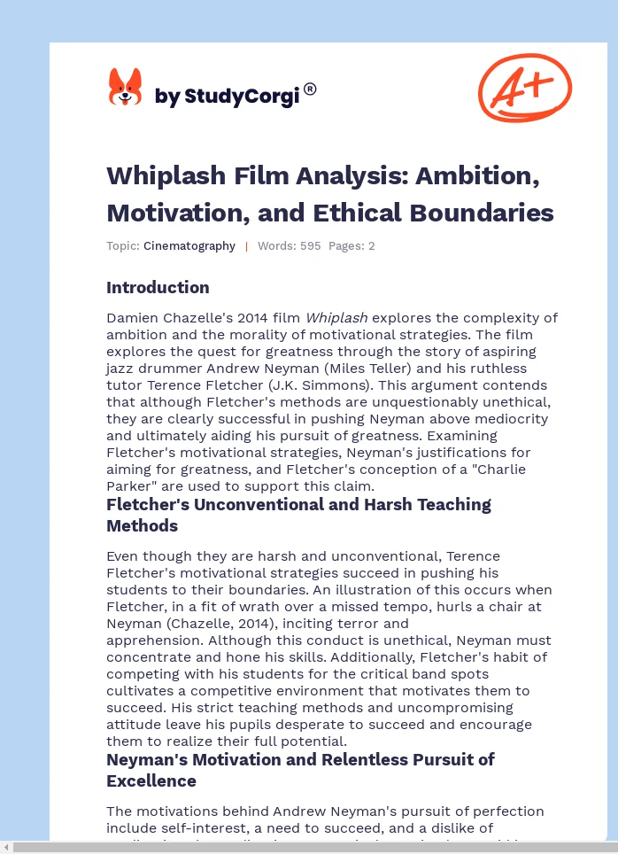 Whiplash Film Analysis: Ambition, Motivation, and Ethical Boundaries. Page 1