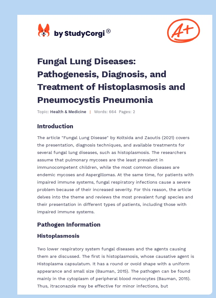 Fungal Lung Diseases: Pathogenesis, Diagnosis, and Treatment of Histoplasmosis and Pneumocystis Pneumonia. Page 1